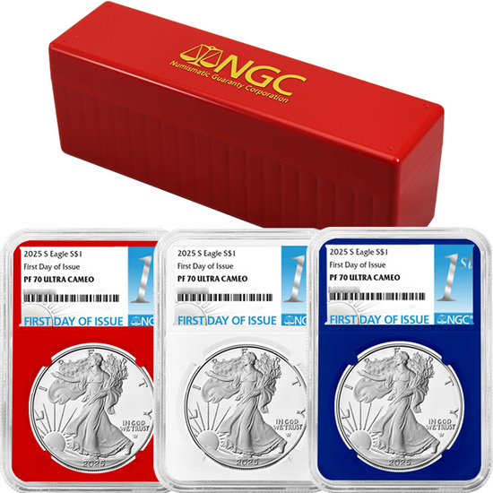 2025 S Silver American Eagle PF70 UC FDI NGC 1st Label Red, White & Blue Core 3pc Set in Red NGC Box
