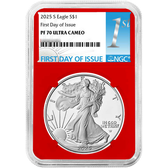 2025 S Silver American Eagle PF70 UC FDI NGC 1st Label Red, White & Blue Core 3pc Set in Red NGC Box 2025 S Silver American Eagle PF70 UC FDI NGC 1st Label Red, White & Blue Core 3pc Set in Red NGC Box