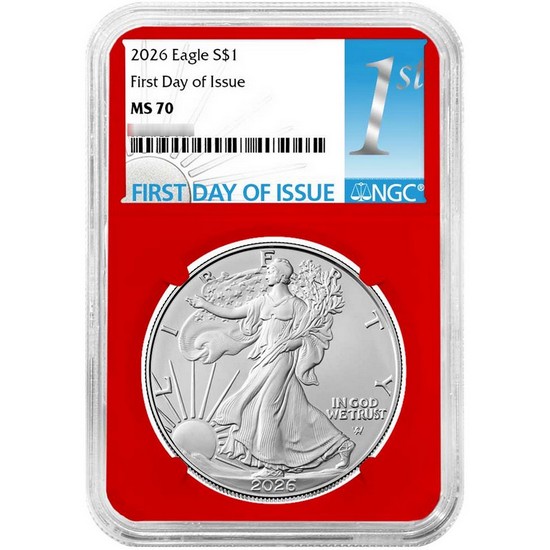 2026 Silver American Eagle MS70 FDI NGC 1st Label Red, White & Blue Core 3pc Set in Red NGC Box