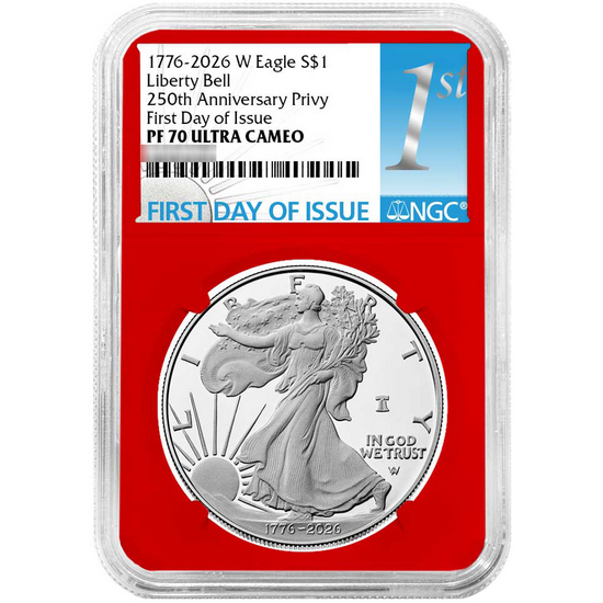 1776-2026 W Silver American Eagle Liberty Bell 250th Anniversary Privy Coin PF70 UC FDI NGC 1st Label Red, White & Blue Core 3pc Set in Red NGC Box