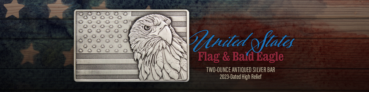 2oz Antiqued Silver American Flag Bar with Eagle Design 2oz Antiqued Silver American Flag Bar with Eagle Design