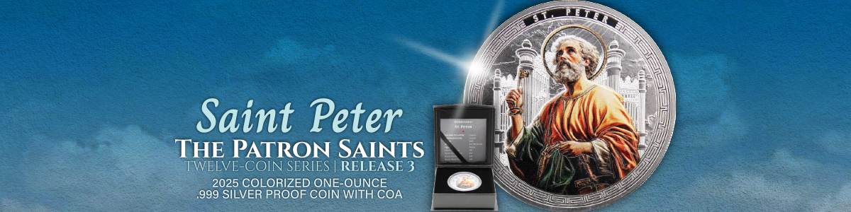 Limited Edition Colorized 2025 Patron Saint 1oz Silver Coin Series Featuring St. Peter Limited Edition Colorized 2025 Patron Saint 1oz Silver Coin Series Featuring St. Peter