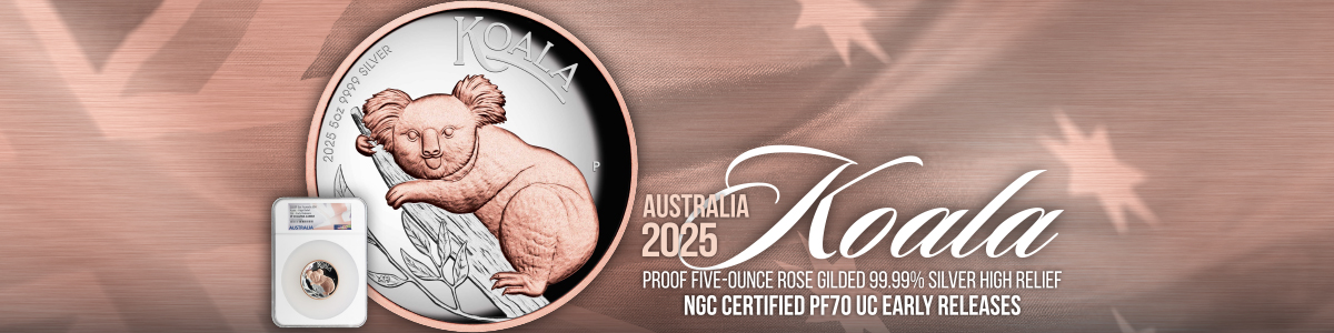 2025 P Australia Silver Koala 5oz High Relief Rose Gilded PF70 UC ER NGC Flag Label 2025 P Australia Silver Koala 5oz High Relief Rose Gilded PF70 UC ER NGC Flag Label