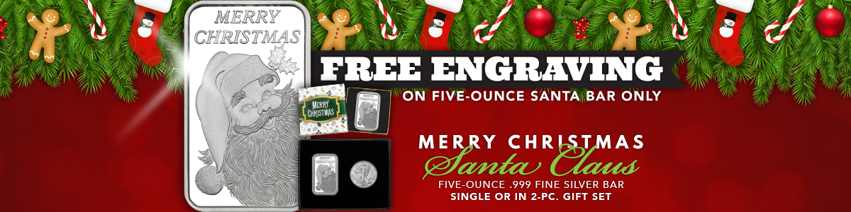 Free Engraving on Five Ounce Pure Silver Santa Claus Bar