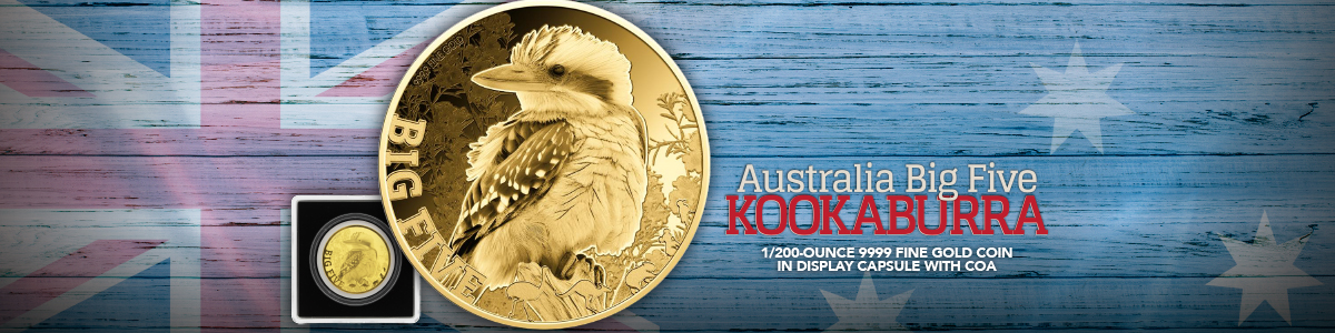 Brand New at SilverTowne: Big Five Australia Kookaburra 1/200oz Gold Coin in Holder