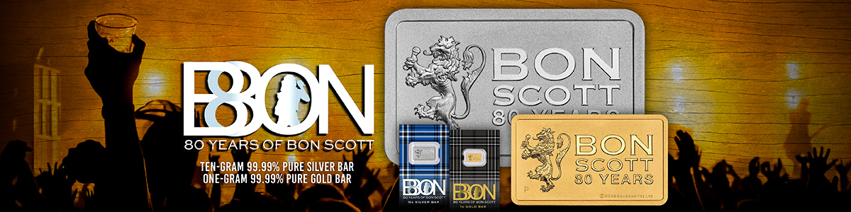 Bon Scott 80th Birthday Perth Mint 1 Gram Gold Bar/10 Gram Silver Bar OGP