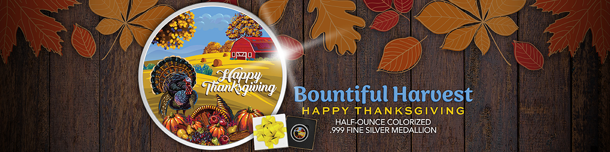 NEW: Happy Thanksgiving Bountiful Harvest 1/2oz Colorized .999 Silver Medallion in Gift Box